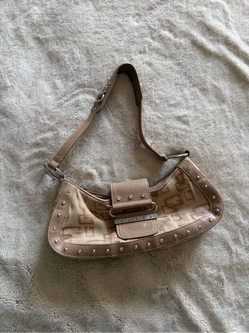GUESS y2k Beige/Tan Logo Studded Shoulder Bag